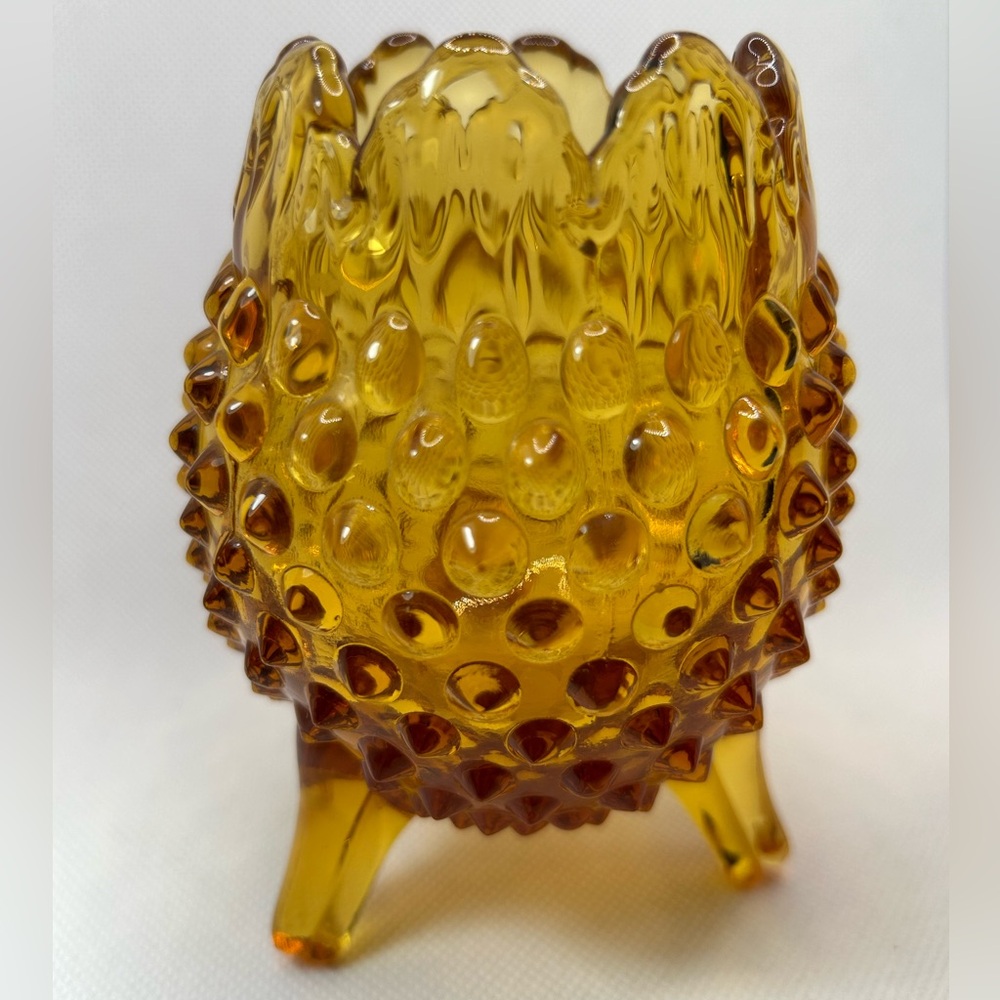 Vintage MCM amber glass egg shaped hobnail rose bowl vase petal rim - Picture 6 of 8